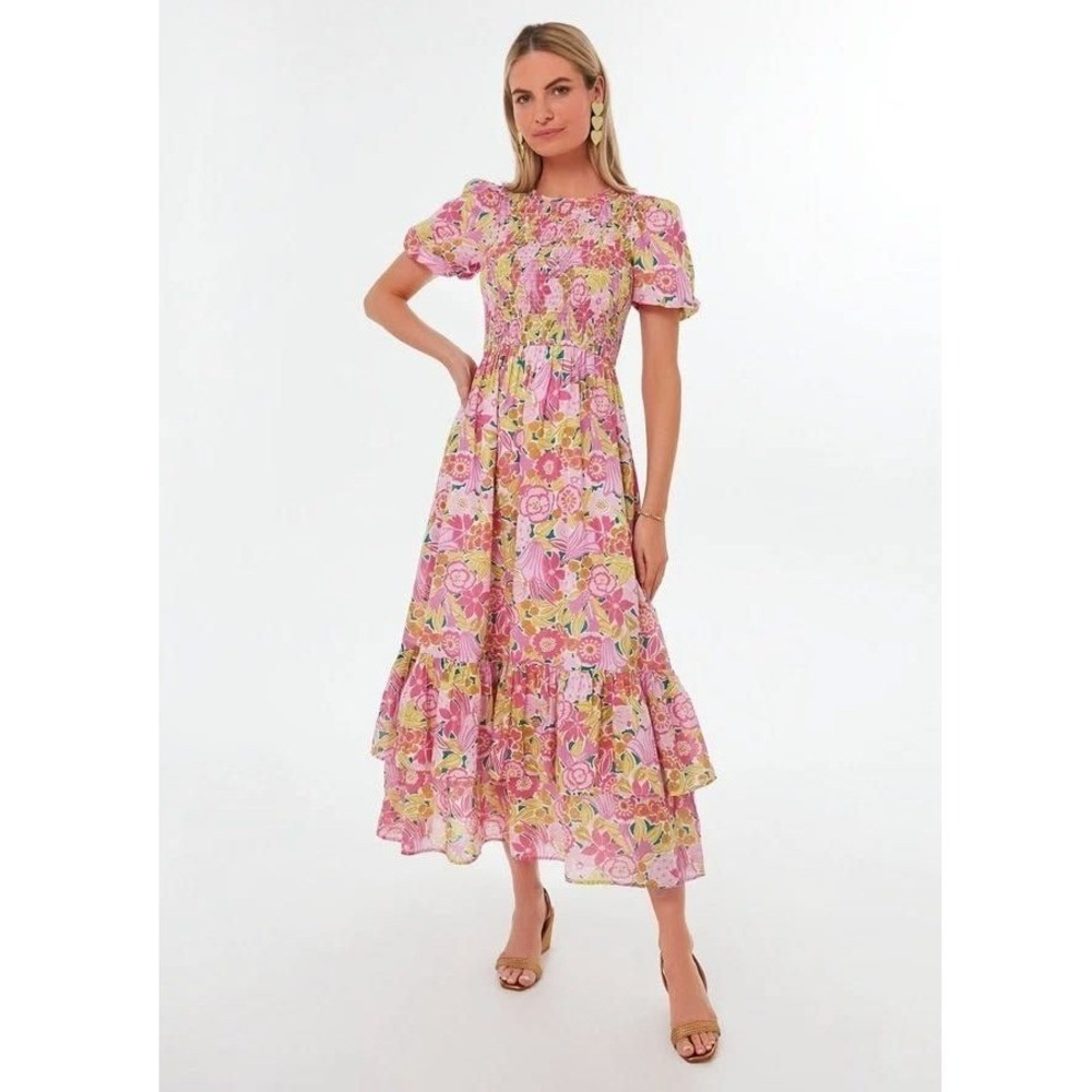 Banjanan Quant Smocked Floral Midi Dress L Tiered Ruffle Cotton Pockets Pink